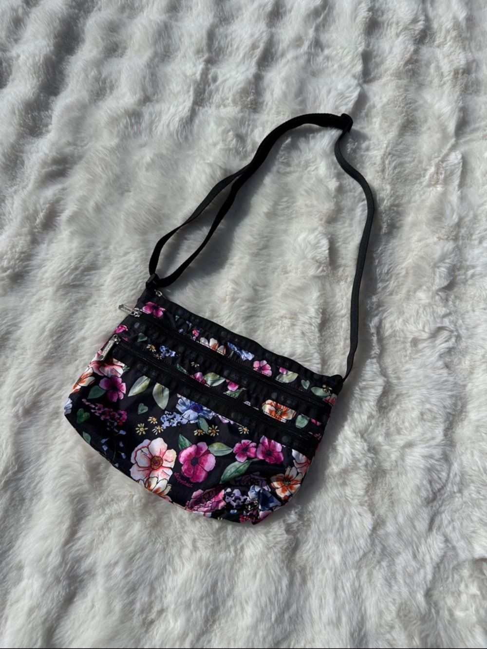 Lesportsac Floral Crossbody Shoulder Bag in Black with Pink and Purple Blooms
